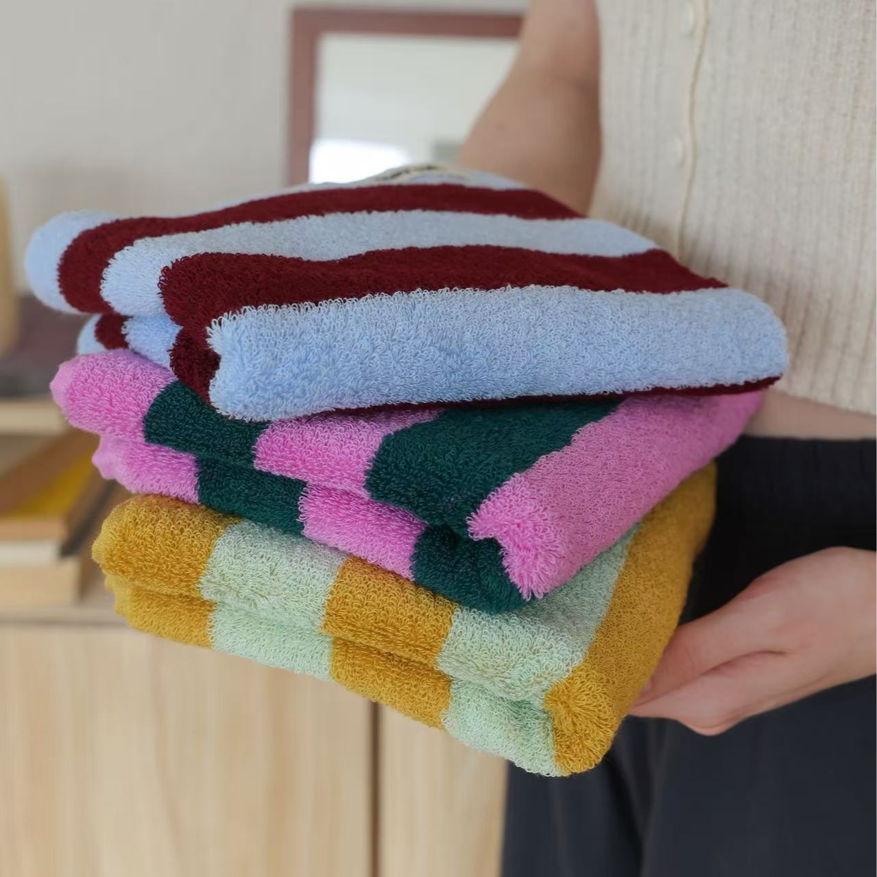 Serviettes rétro rayées en pur - Home Textiles Face Towel avis et prix